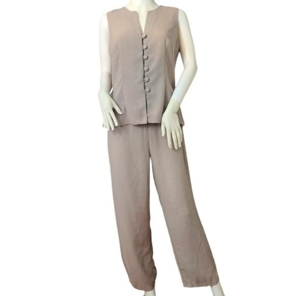 Vintage Rampage Khaki-Grey Vest Blouse and Pants Suit Set - Picture 1 of 4